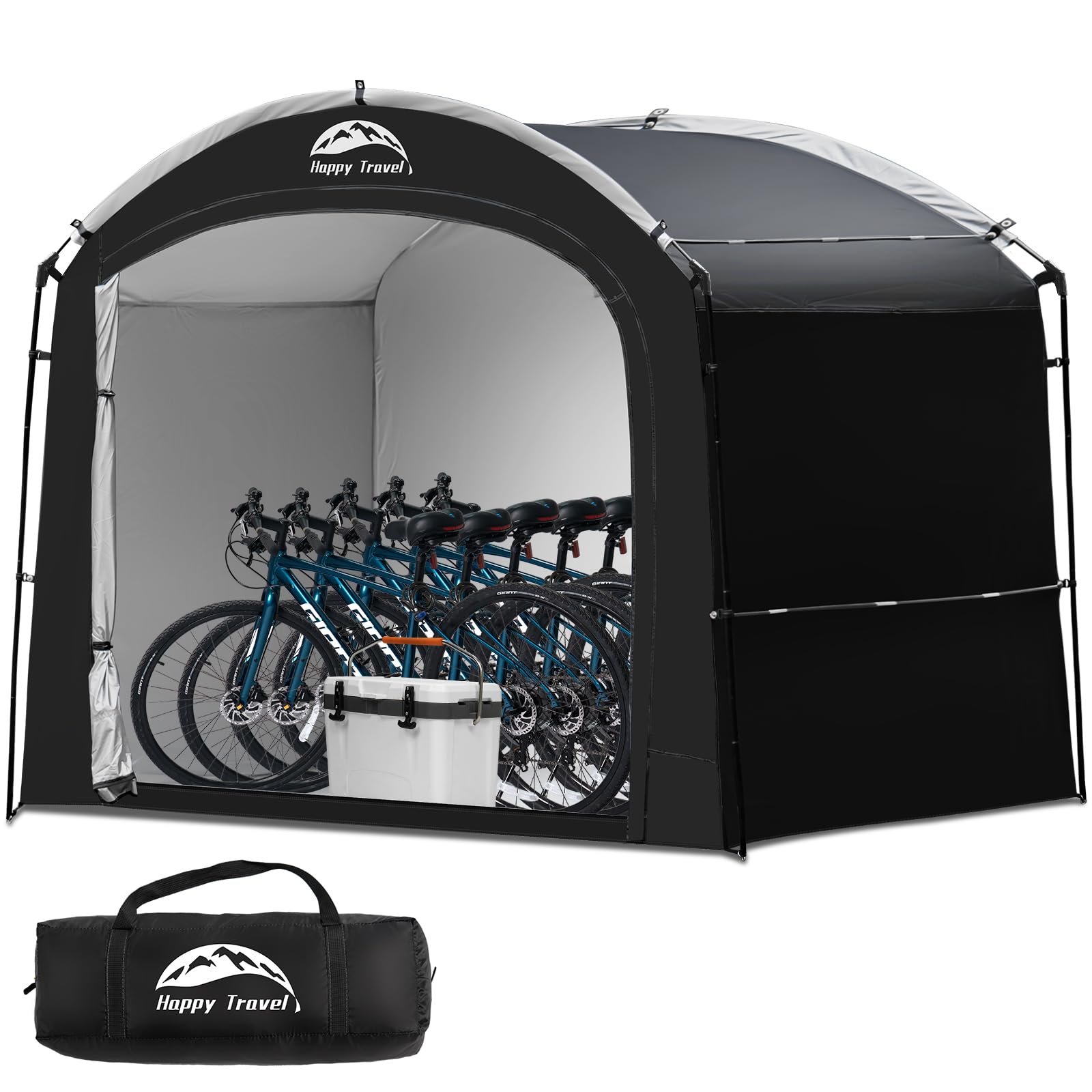 Happy Travel bike shed tent setup shown for easy access and space efficiency.