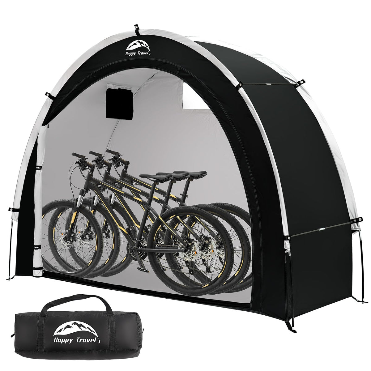 Happy Travel bike storage shed open setup shows quick assembly for rain-ready protection