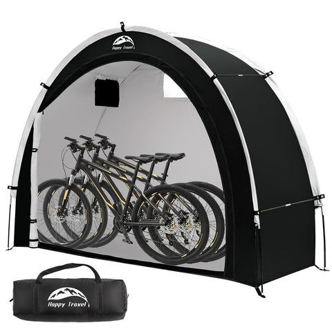 Happy Travel bike storage shed open setup shows quick assembly for rain-ready protection