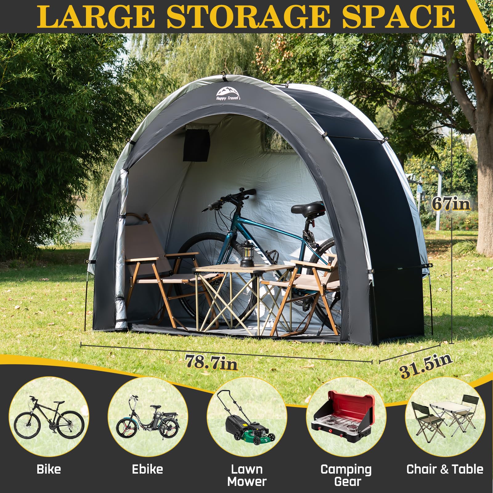 Happy Travel bike storage shed sealed seams highlight leak-free performance during storms