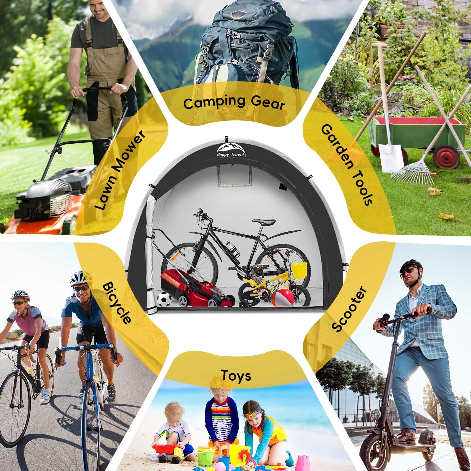 Happy Travel bike storage shed tent quick setup and portable design.