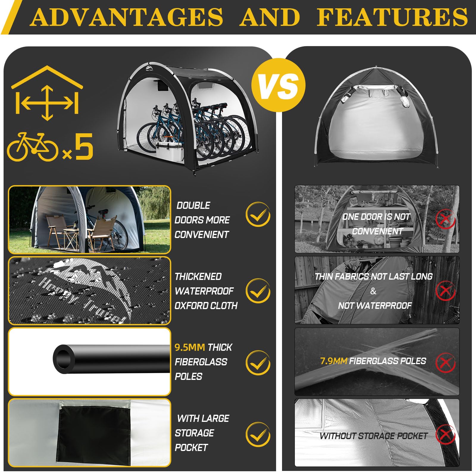 Happy Travel bike storage shed tent dimensions 83in x 59in x 67in for bikes.