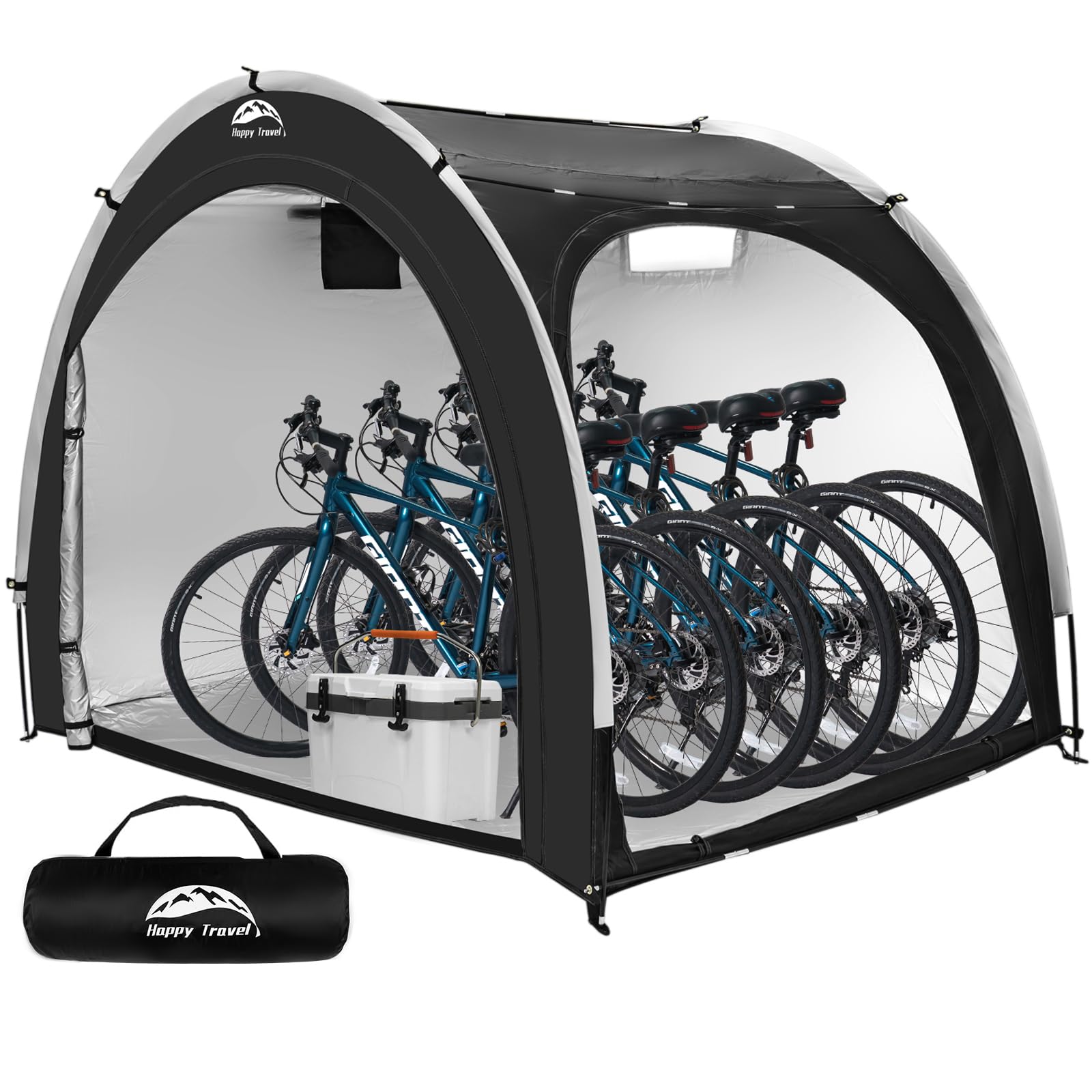 Happy Travel bike storage shed tent front view showing waterproof fabric and shelter for bikes.