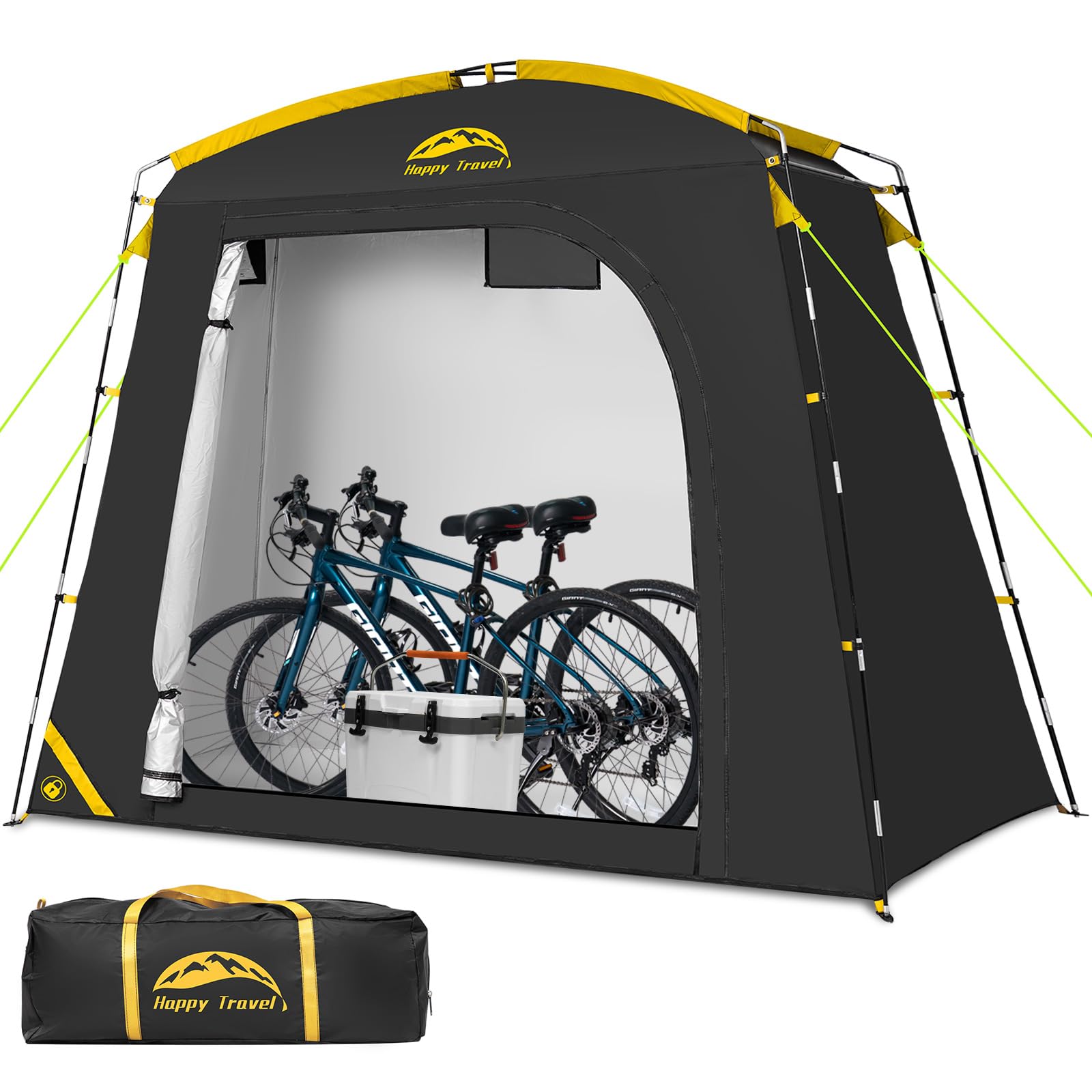 Happy Travel bike storage shed tent front view showing spacious footprint