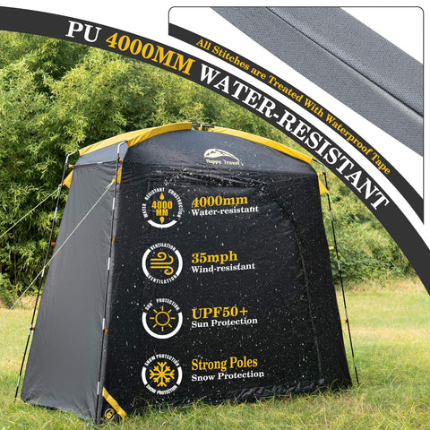 Happy Travel bike storage shed tent interior with two bikes stored securely