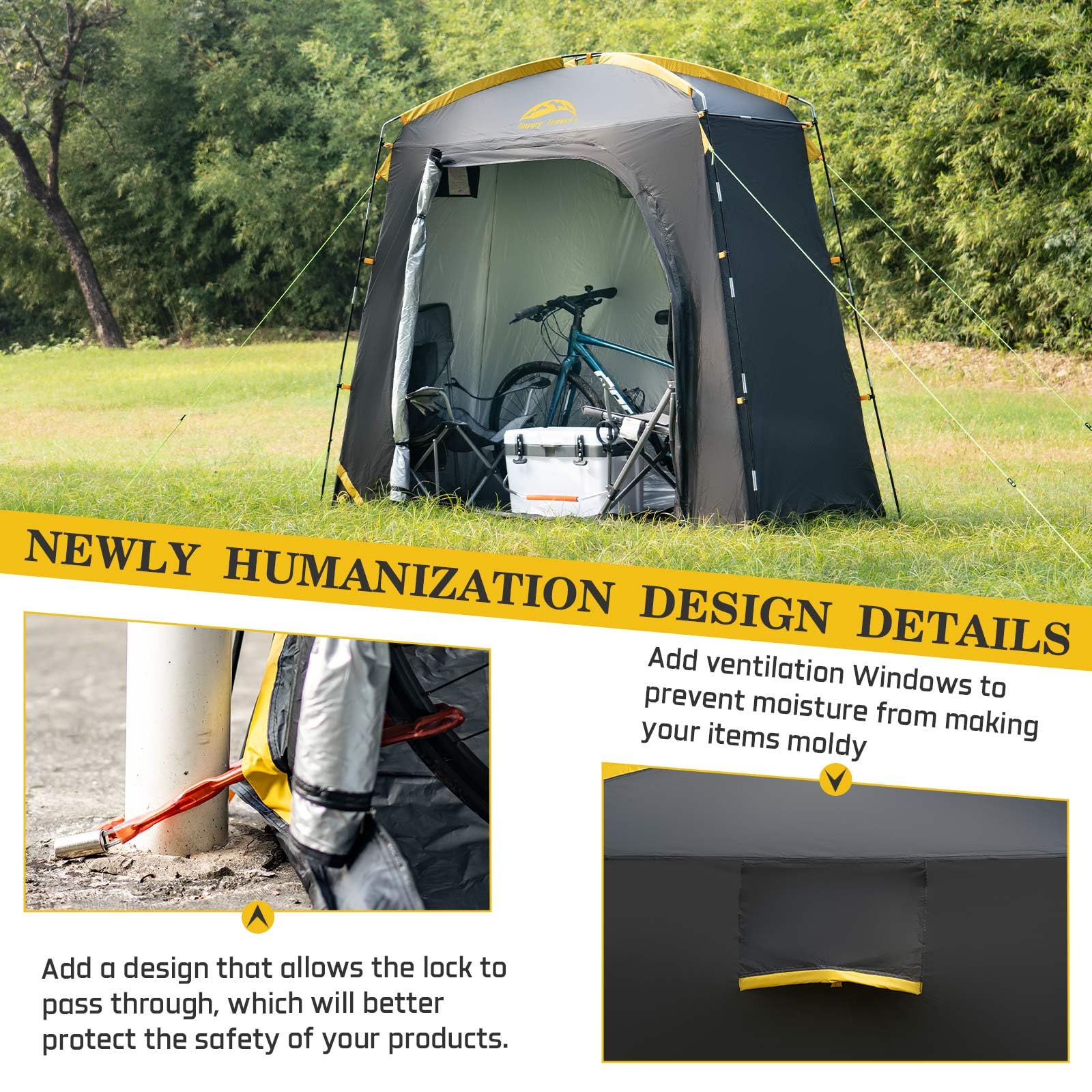 Happy Travel bike storage shed tent lock hole emphasizing security feature
