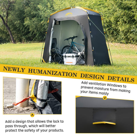 Happy Travel bike storage shed tent lock hole emphasizing security feature