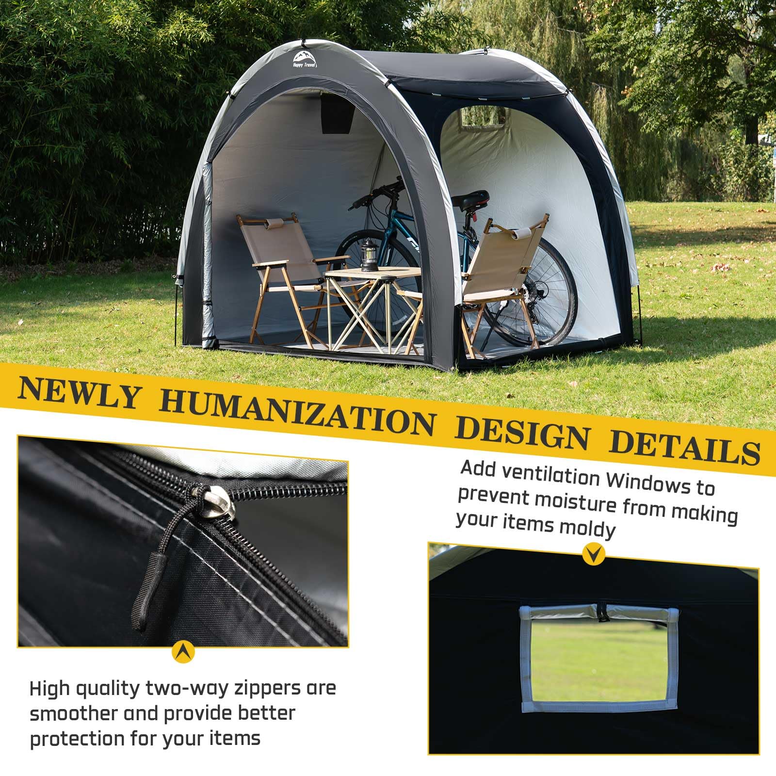 Happy Travel bike storage shed tent accommodates four bikes or two motorcycles.