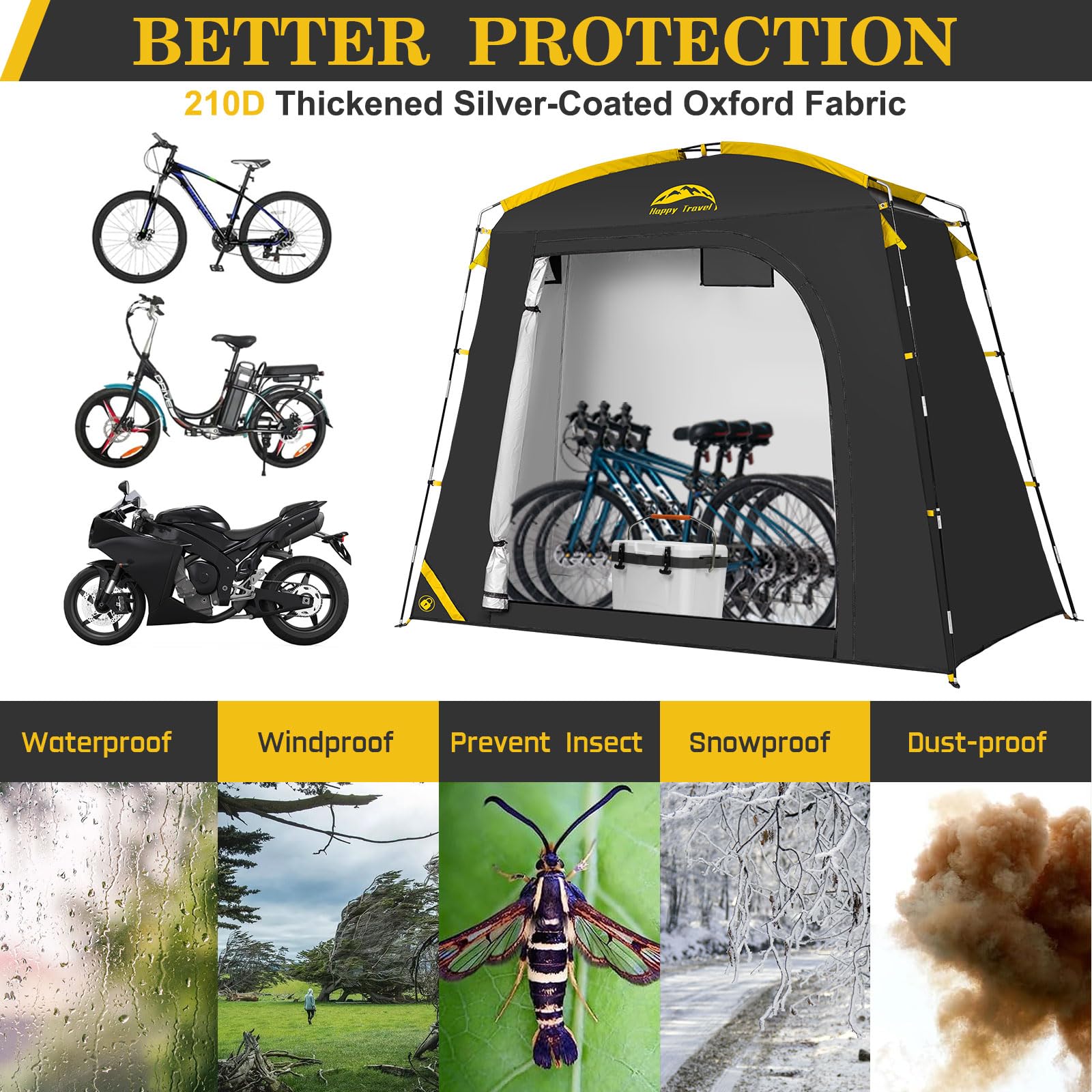 Happy Travel bike storage shed tent open setup demonstrating quick assembly