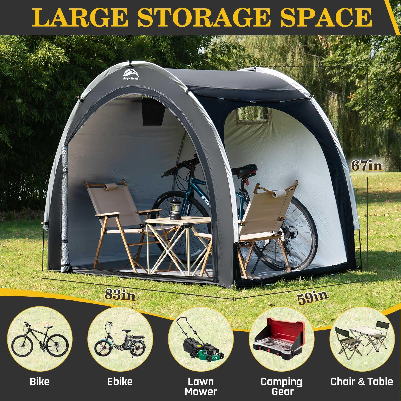 Happy Travel bike storage shed tent side door open for easy access to gear.