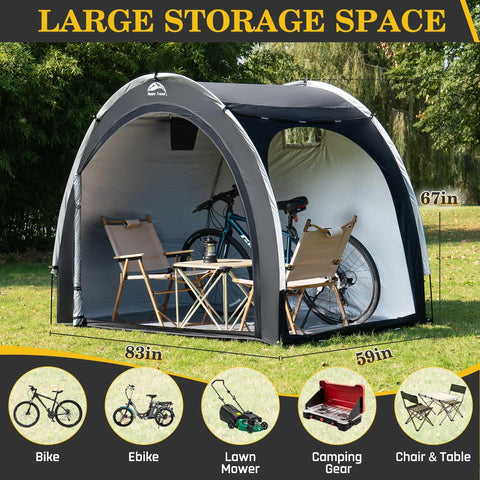 Happy Travel bike storage shed tent side door open for easy access to gear.