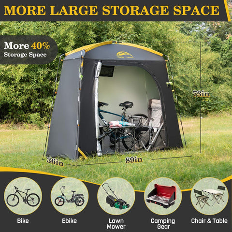 Happy Travel bike storage shed tent side view highlighting portability for garden use