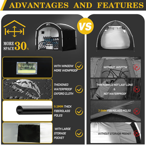Happy Travel Bike Storage Shed Tent side view with sturdy fabric protection