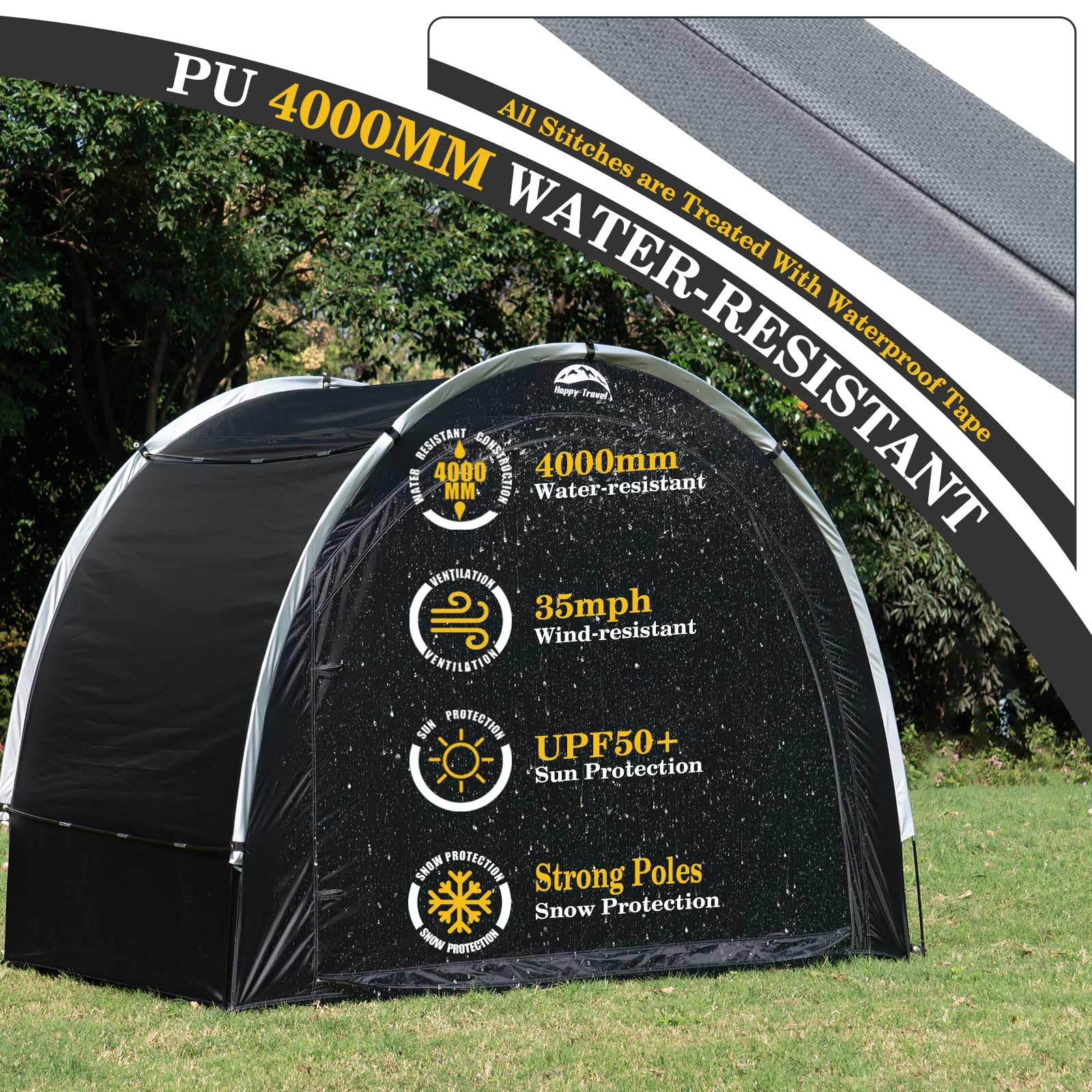 Happy Travel bike storage shed tent with stakes for stable outdoor shelter.