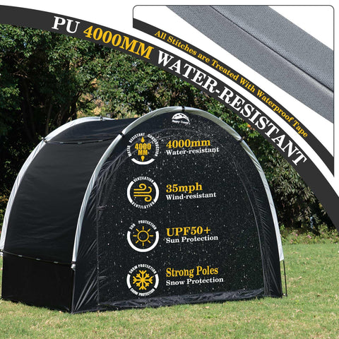 Happy Travel bike storage shed tent with stakes for stable outdoor shelter.