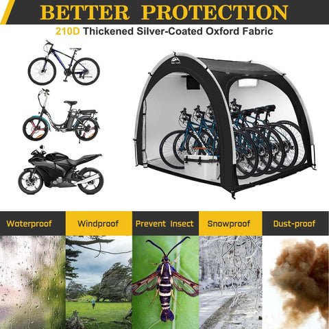 Happy Travel bike storage shed tent features 210D Oxford fabric with PU coating.