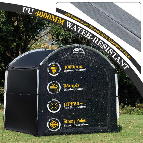 Happy Travel Vertical shelter protects bikes with waterproof fabric and frame