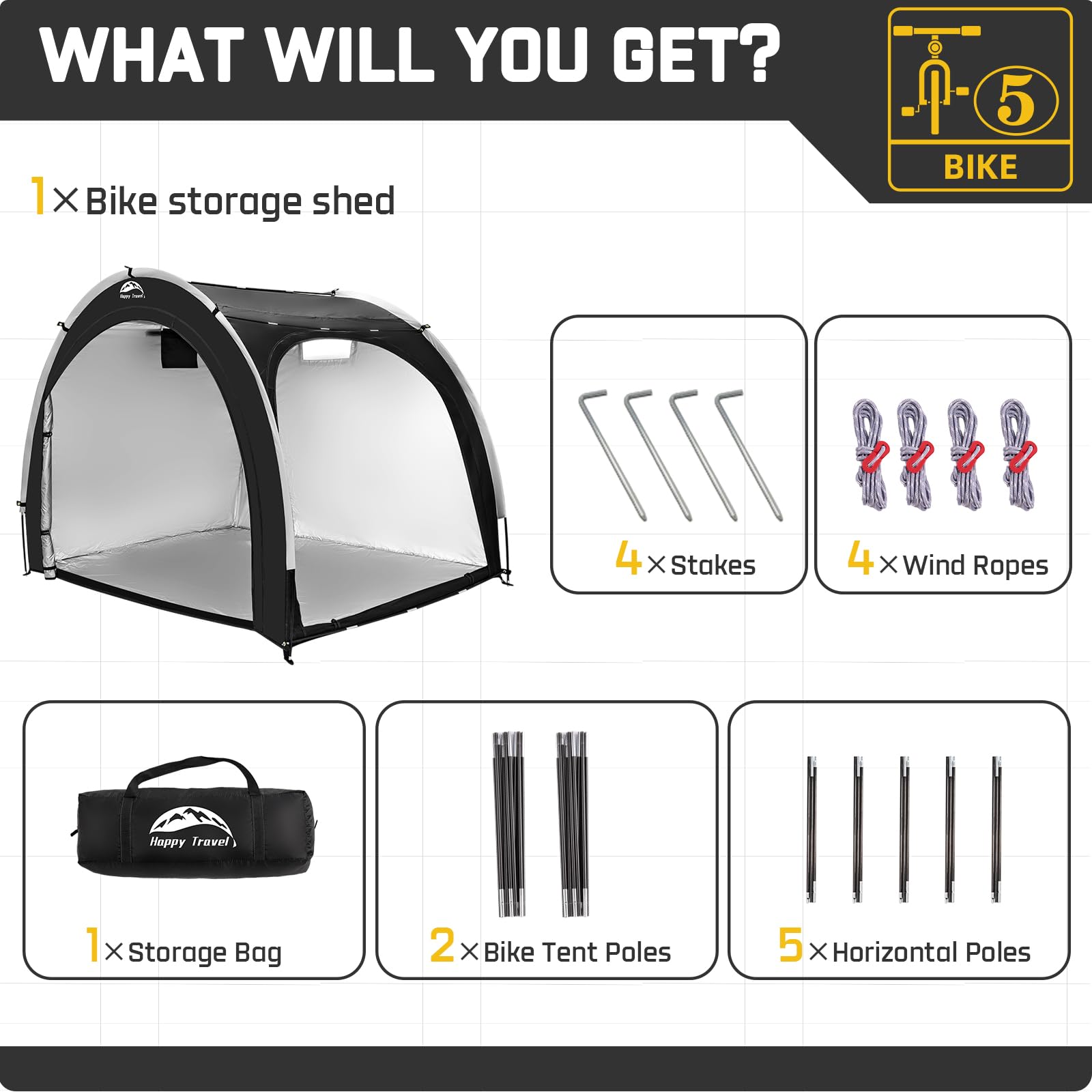 Happy Travel bike storage shed tent wide applications for tools and lawn equipment.