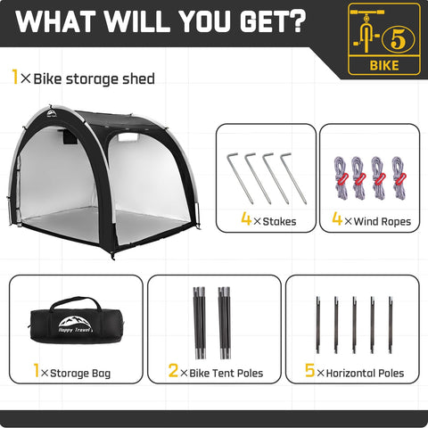 Happy Travel bike storage shed tent wide applications for tools and lawn equipment.