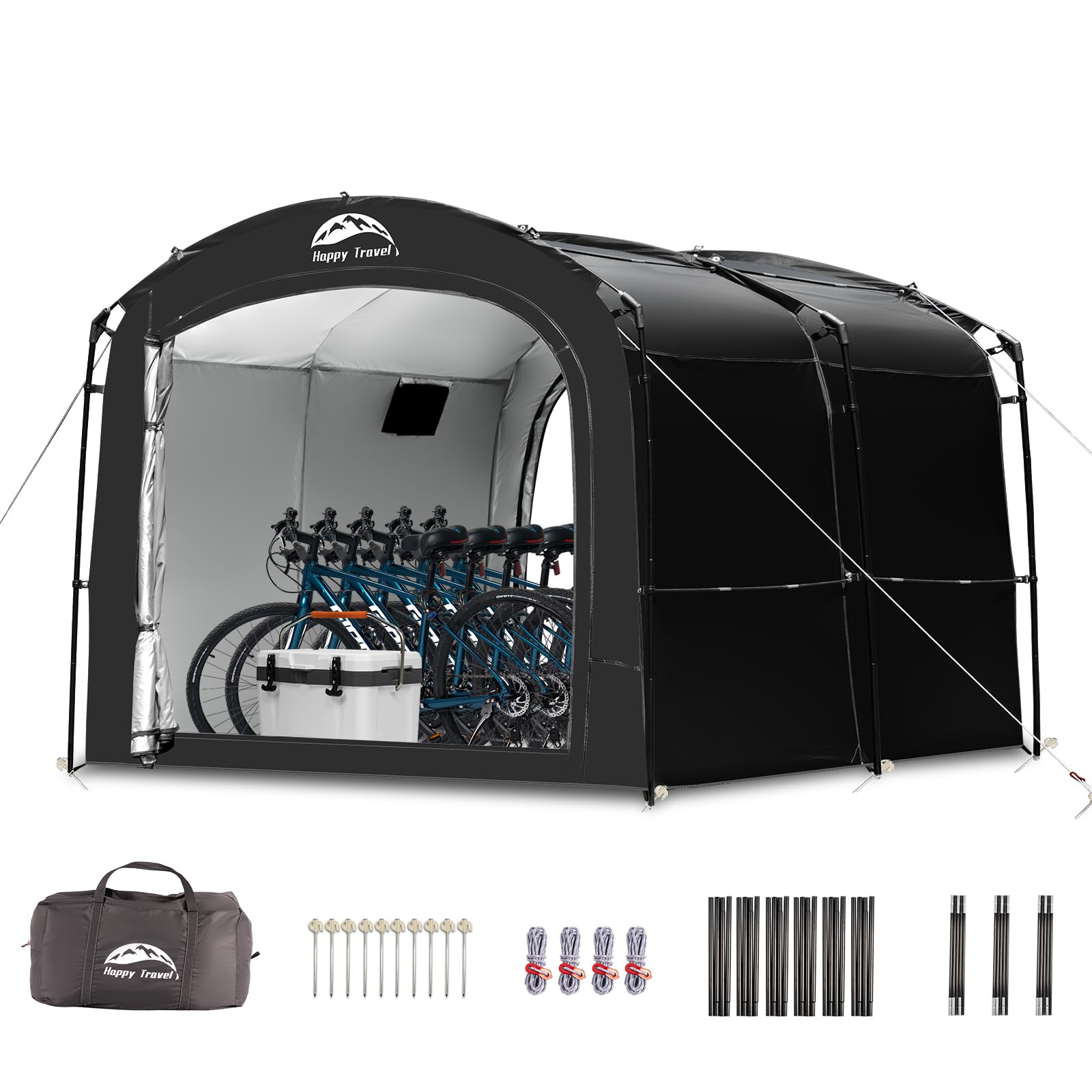 Happy Travel bike storage tent front view shows roomy shelter for bikes and gear.