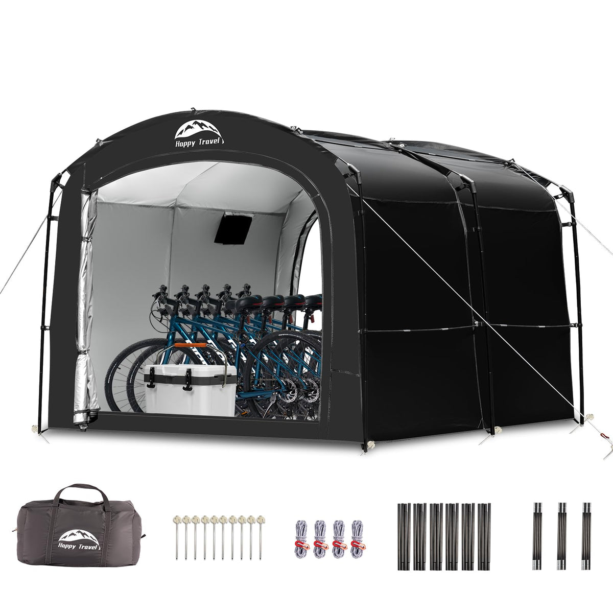 Happy Travel bike storage tent front view shows roomy shelter for bikes and gear.