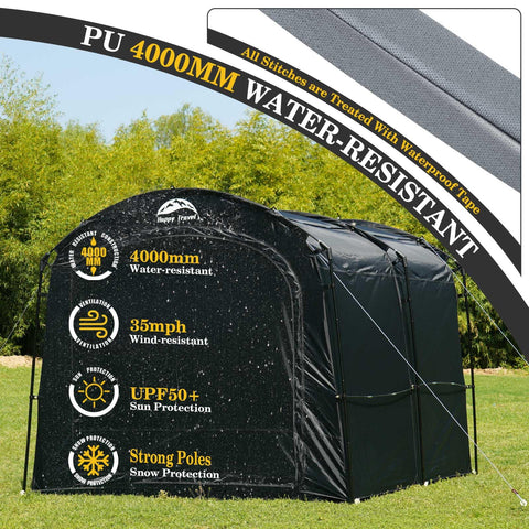 Happy Travel bike storage tent garden tools organized under weather shield.