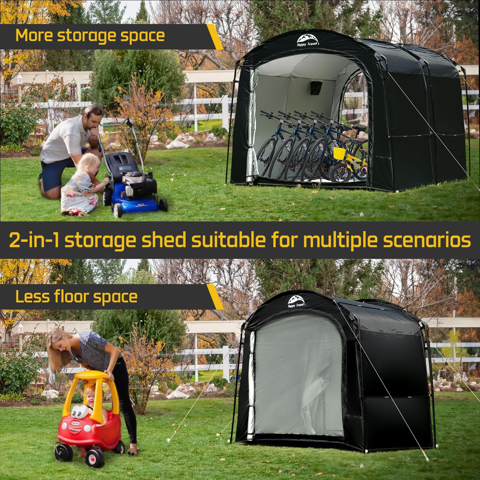 Happy Travel bike storage tent open doors highlight ventilation and easy access.