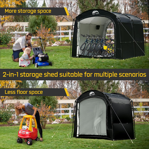 Happy Travel bike storage tent open doors highlight ventilation and easy access.
