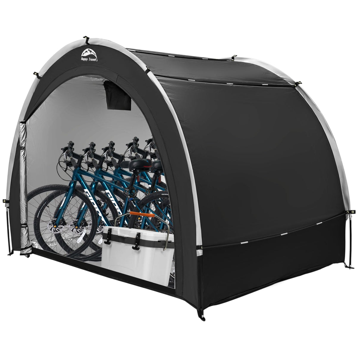 Happy Travel bike storage tent shed front view illustrating spacious, weatherproof shelter for bikes