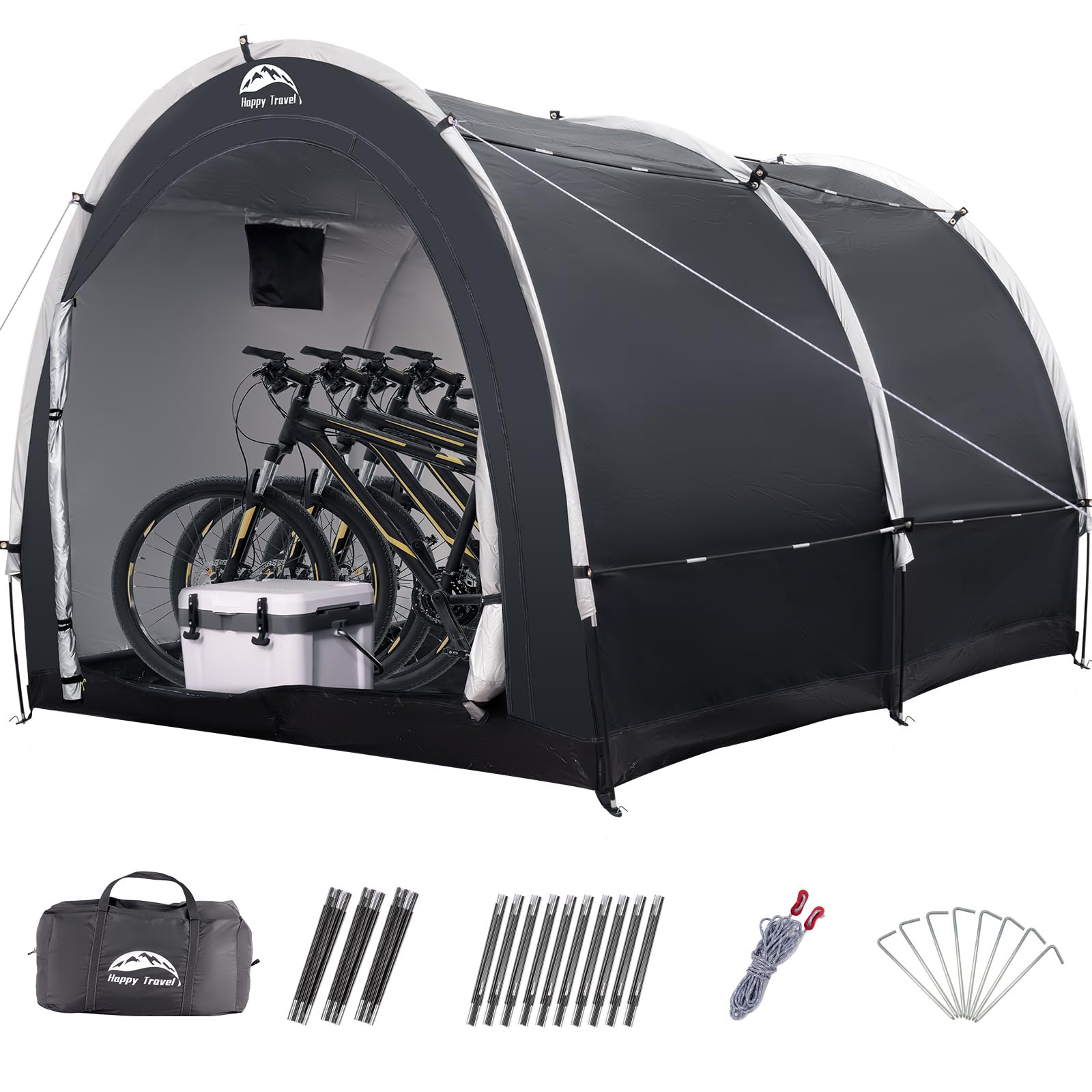 Happy Travel bike storage tent shed front view, keeps bikes dry outdoors