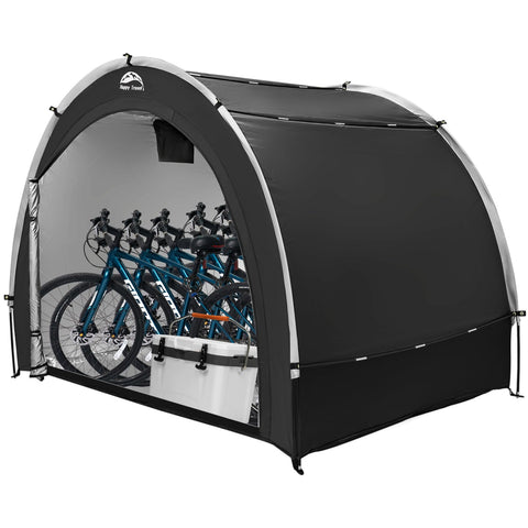 Happy Travel bike storage tent shed front view illustrating spacious, weatherproof shelter for bikes