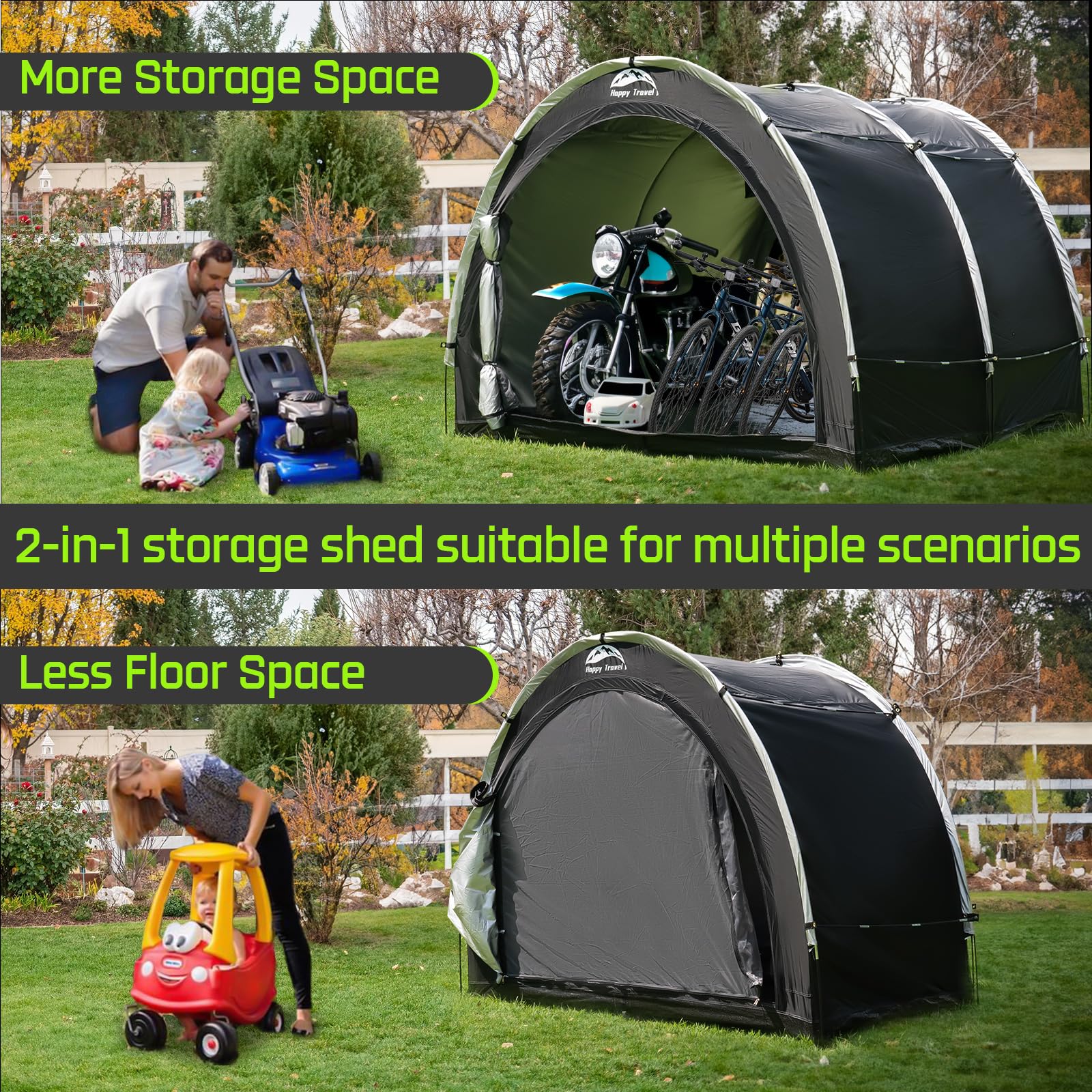 Happy Travel bike storage tent shed interior with large doors and ventilation
