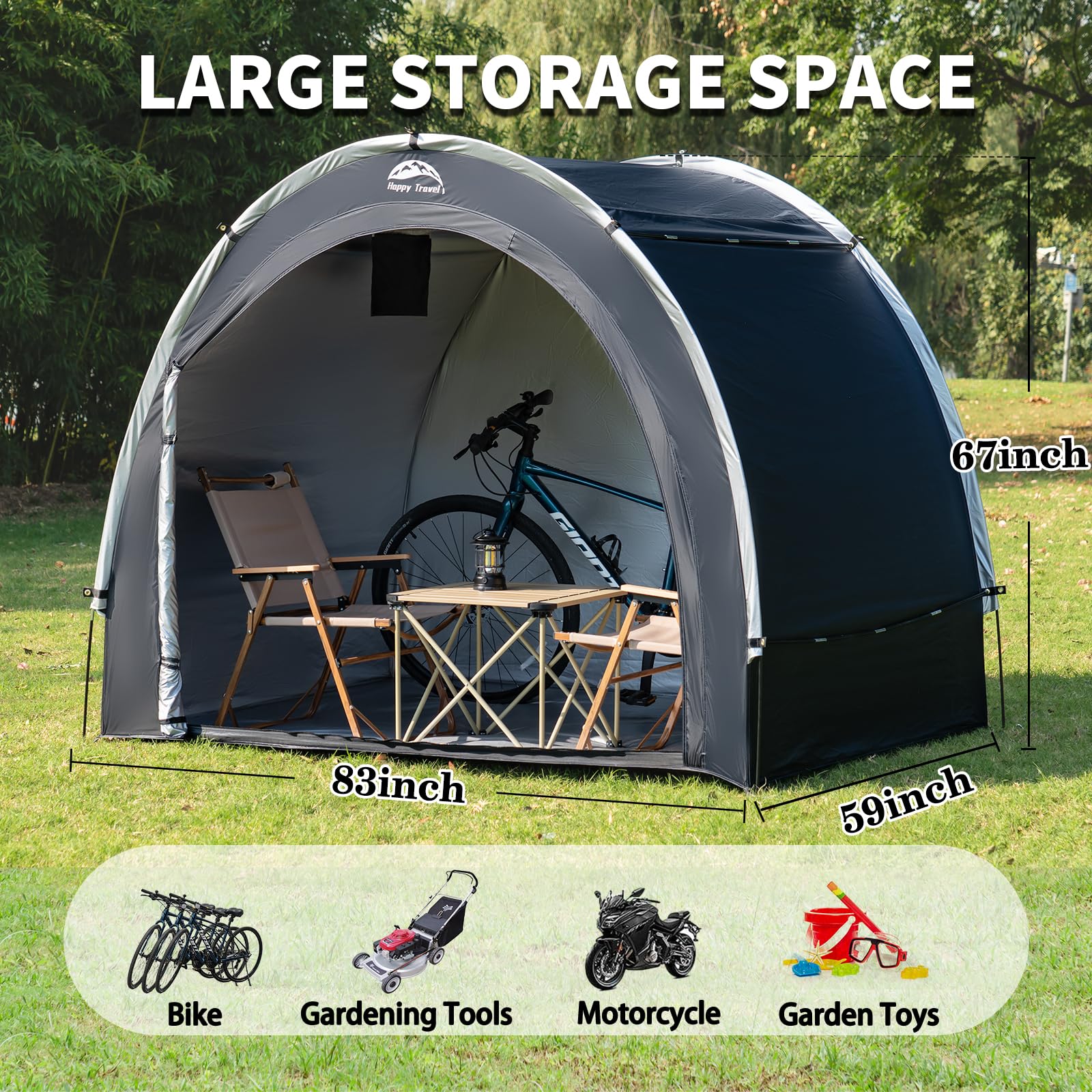 Happy Travel bike storage tent shed side entry demonstrates easy access and protection