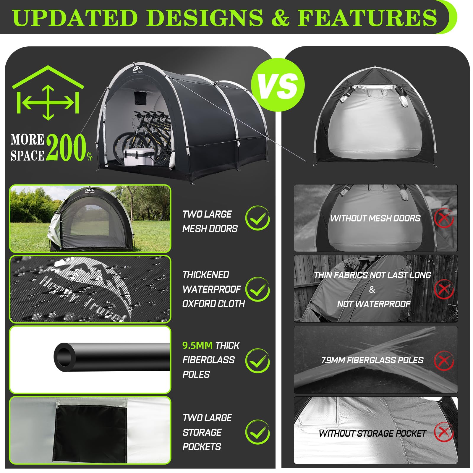 Happy Travel bike storage tent shed side view shows compact footprint