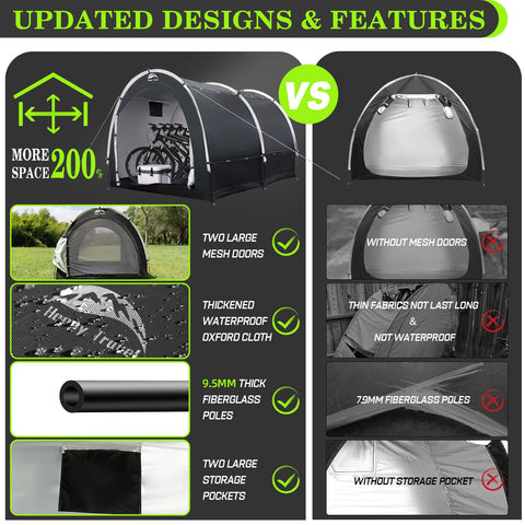 Happy Travel bike storage tent shed side view shows compact footprint