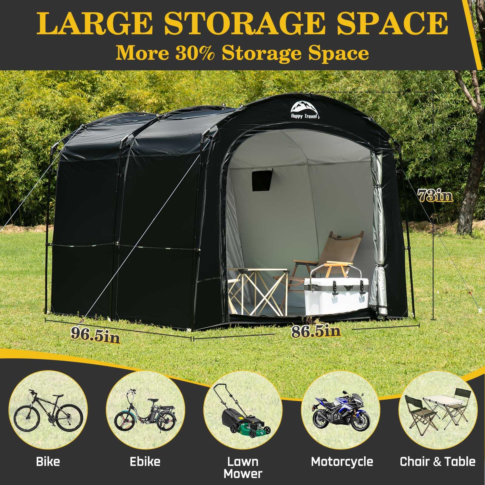 Happy Travel bike storage tent side assembly reveals modular poles for flexible space.