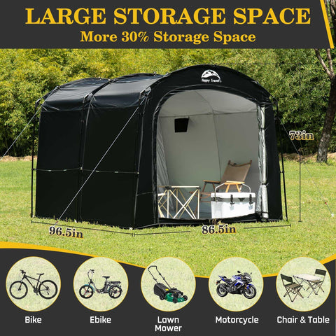 Happy Travel bike storage tent side assembly reveals modular poles for flexible space.