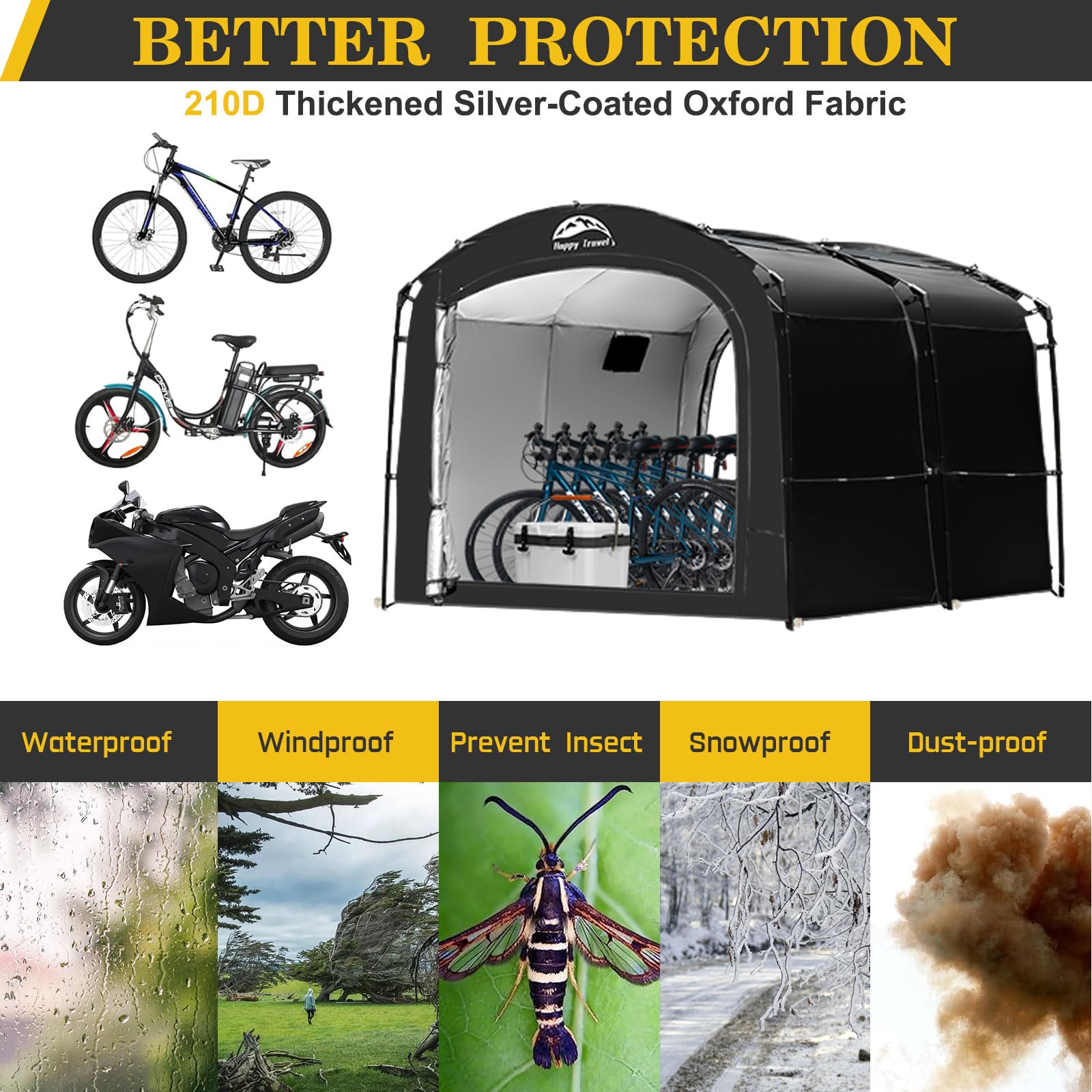 Happy Travel bike storage tent staked setup shows stability in windy weather.