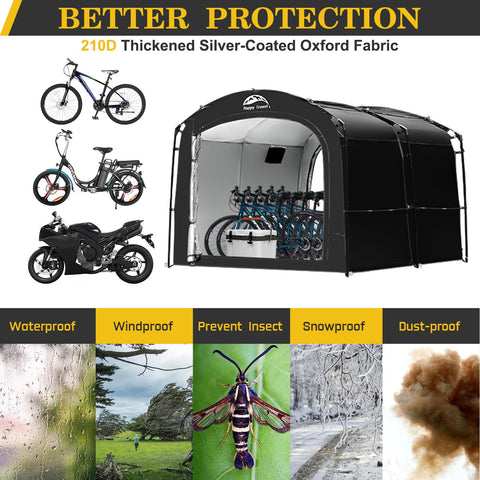 Happy Travel bike storage tent staked setup shows stability in windy weather.