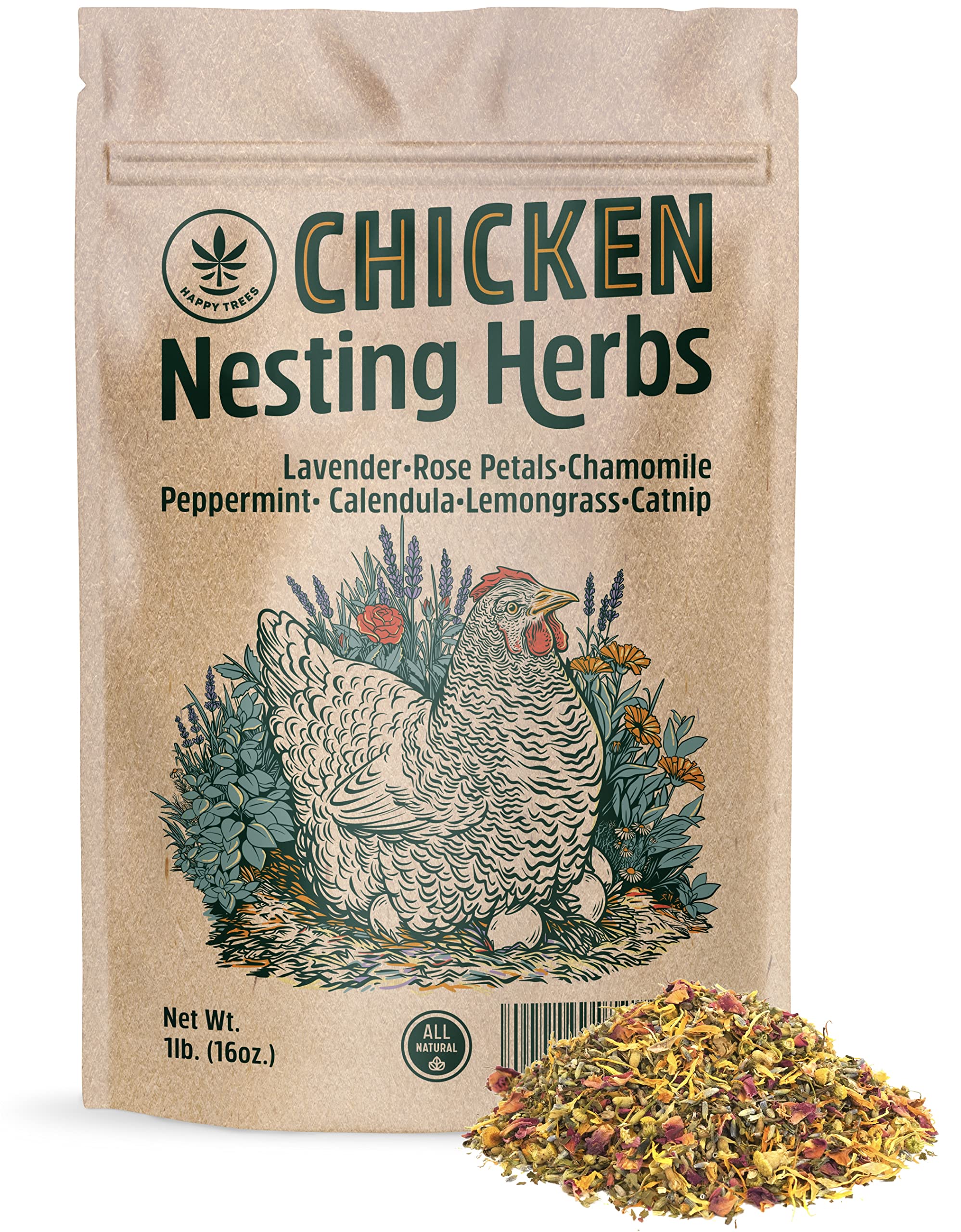Happy Trees chicken nesting herbs 1lb bag beside nest box for a fresher coop