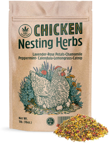 Happy Trees chicken nesting herbs 1lb bag beside nest box for a fresher coop