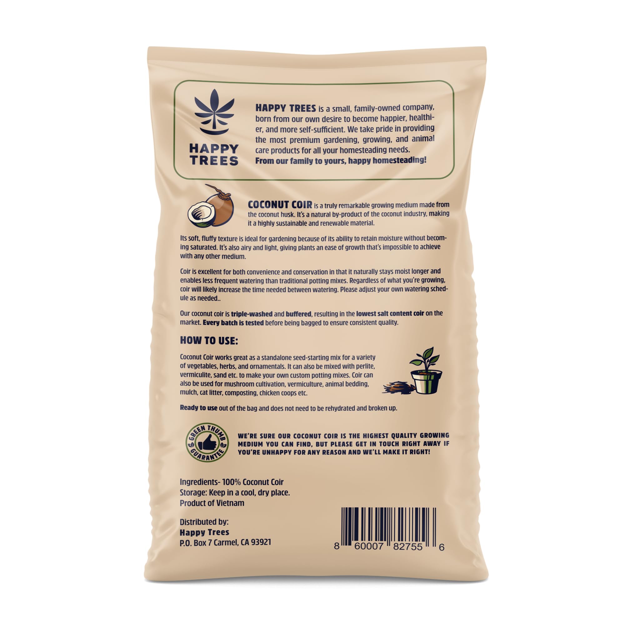 Happy Trees Coco Coir pre-expanded loose-fill bag ready for seed starting.