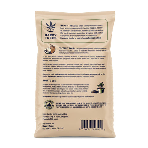 Happy Trees Coco Coir pre-expanded loose-fill bag ready for seed starting.