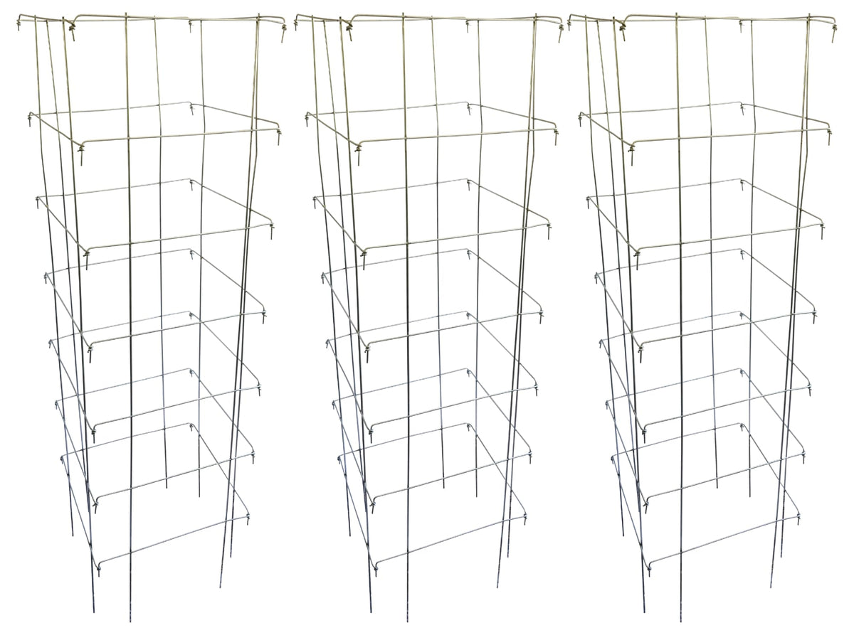 Happy Trees Hemp tomato cages assembled in garden providing sturdy support for tall, heavy fruiting plants.