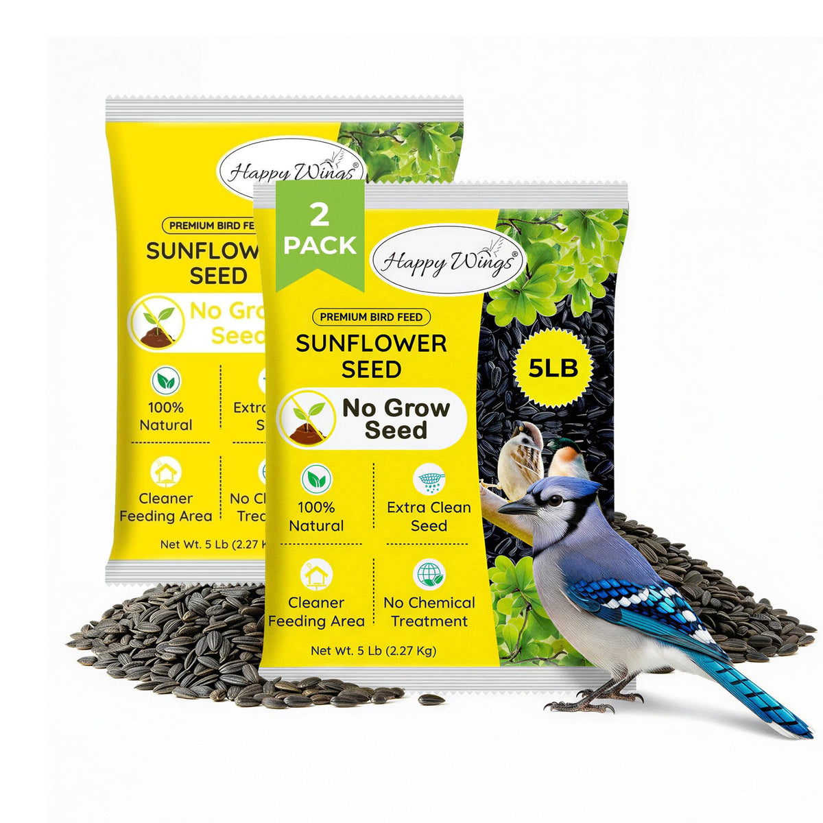 Happy Wings black oil sunflower seeds, 2-pack front view, ideal for year-round backyard feeding.