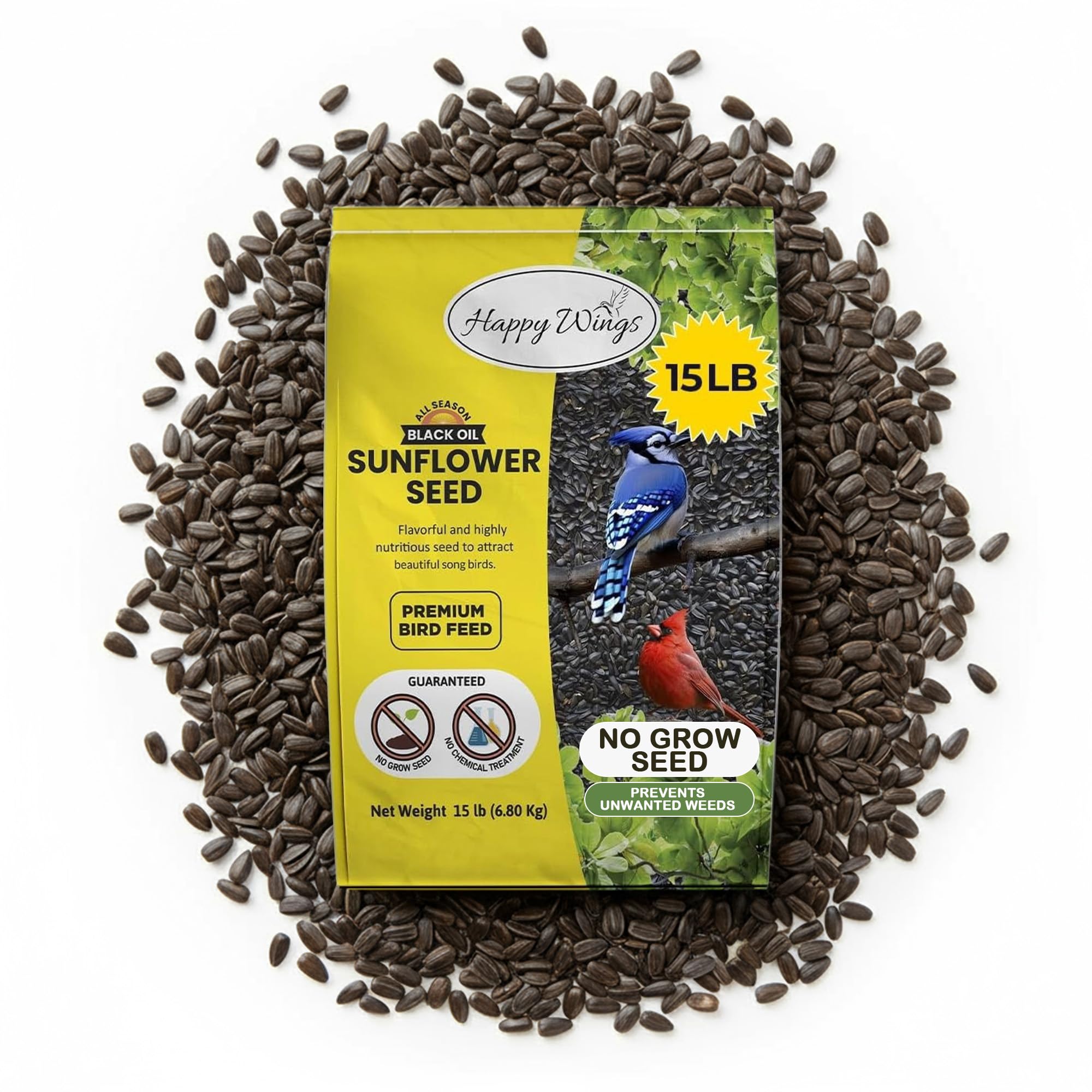 Happy Wings Black Oil Sunflower Seeds in a bag front for seasonal bird feeding.