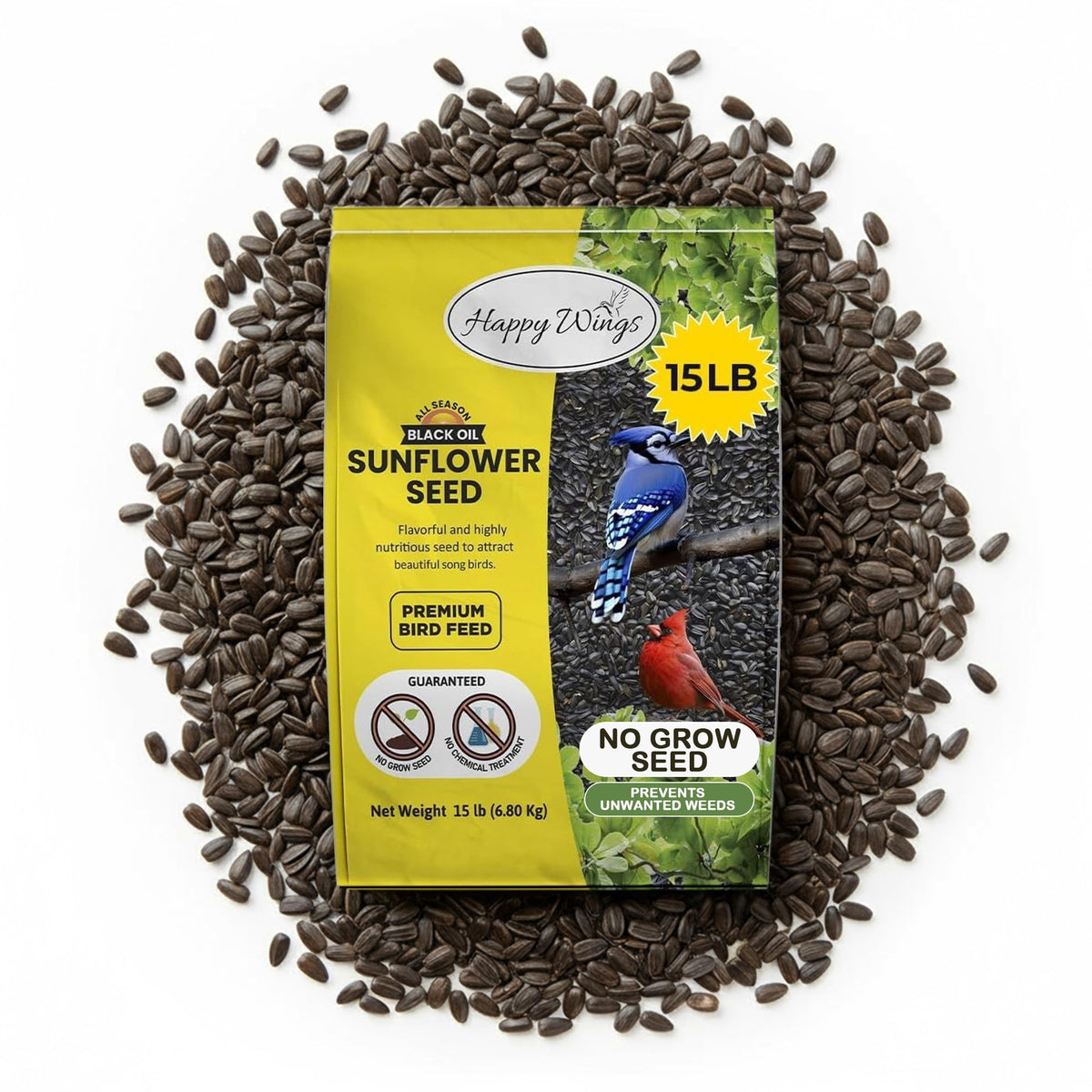 Happy Wings Black Oil Sunflower Seeds in a bag front for seasonal bird feeding.