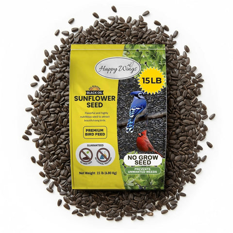 Happy Wings Black Oil Sunflower Seeds in a bag front for seasonal bird feeding.