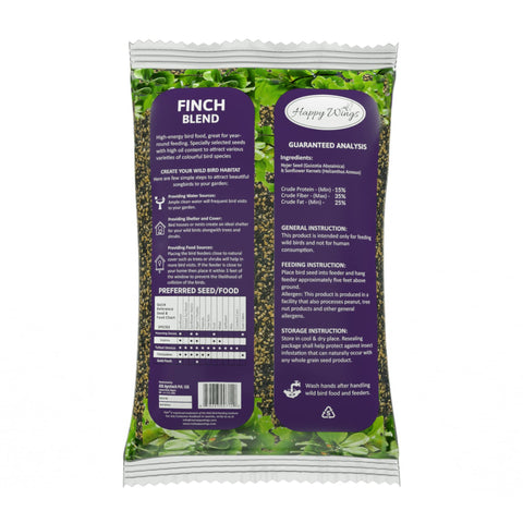 Happy Wings Finch Blend back label highlights no-grow seed and nutrition details