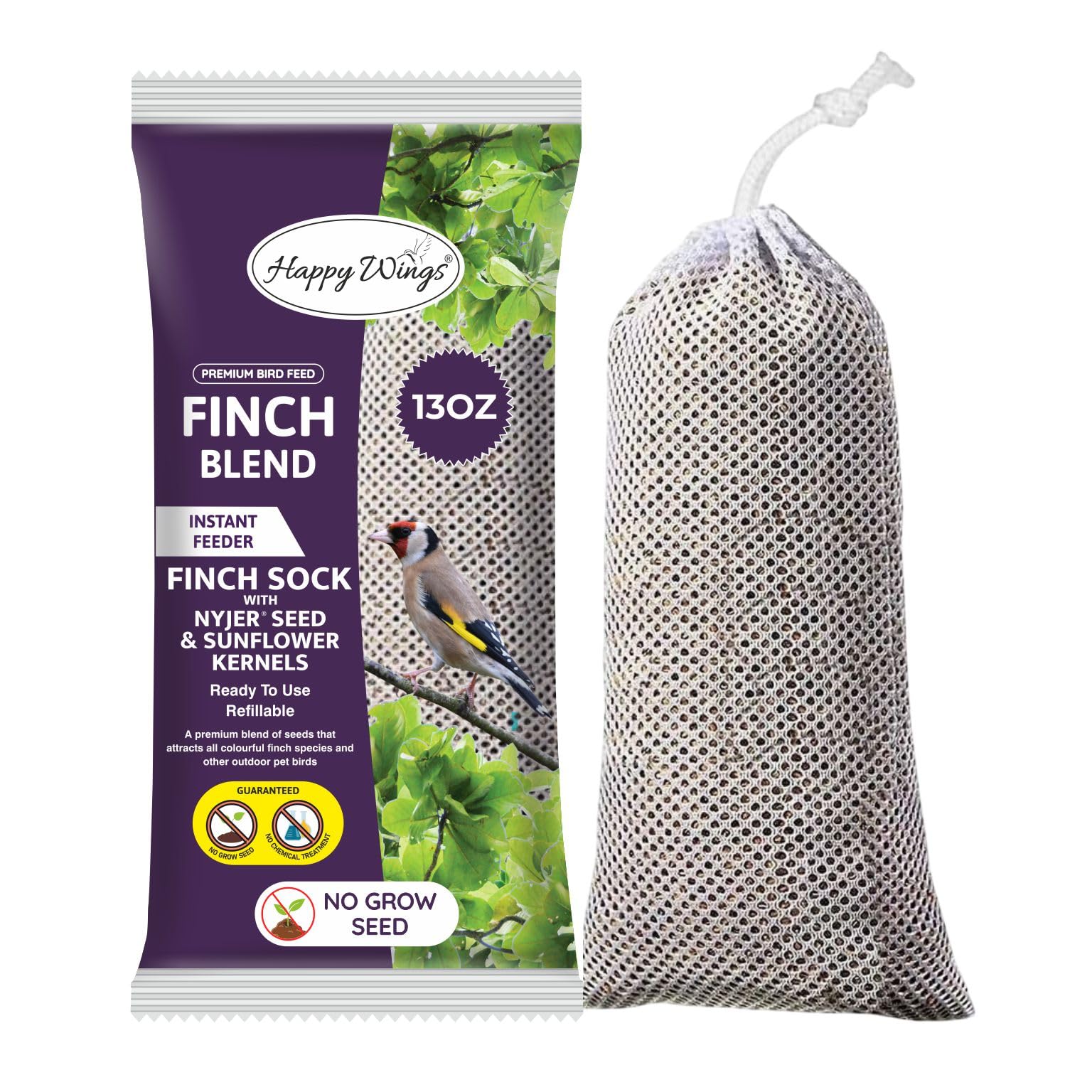 Happy Wings Finch Blend pref-filled sock attracts small songbirds with mess-free feeding